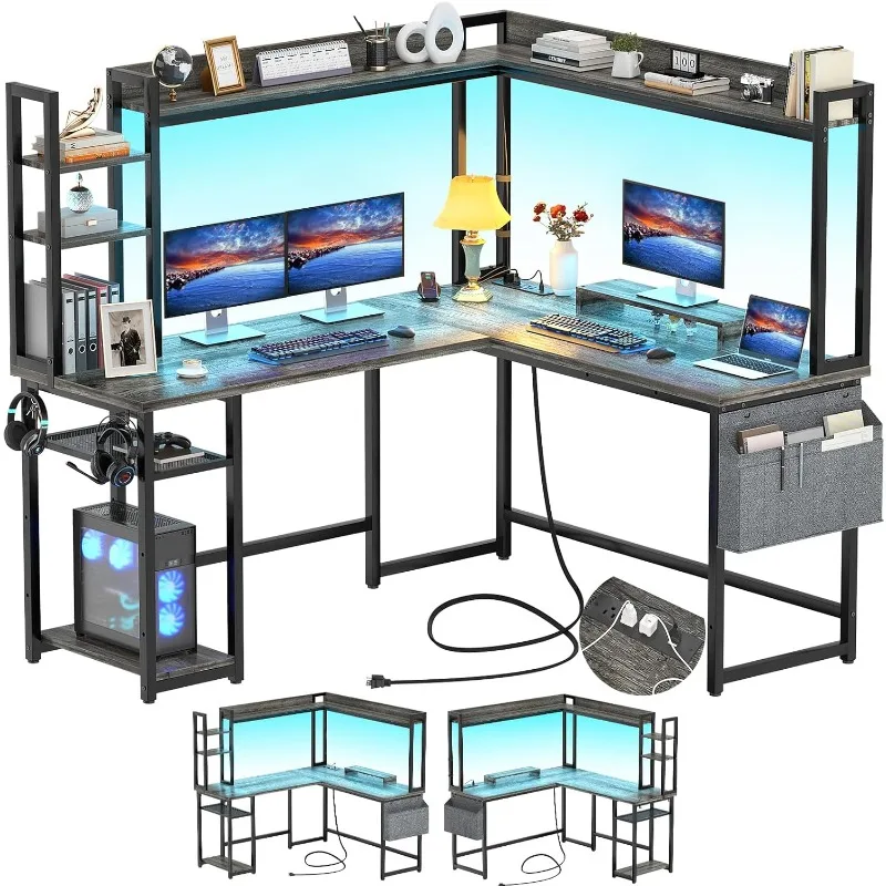 

Shaped Desk with Power Outlet, L Shaped Gaming Desk with Led Light & Hutch, Reversible Home Office Desk