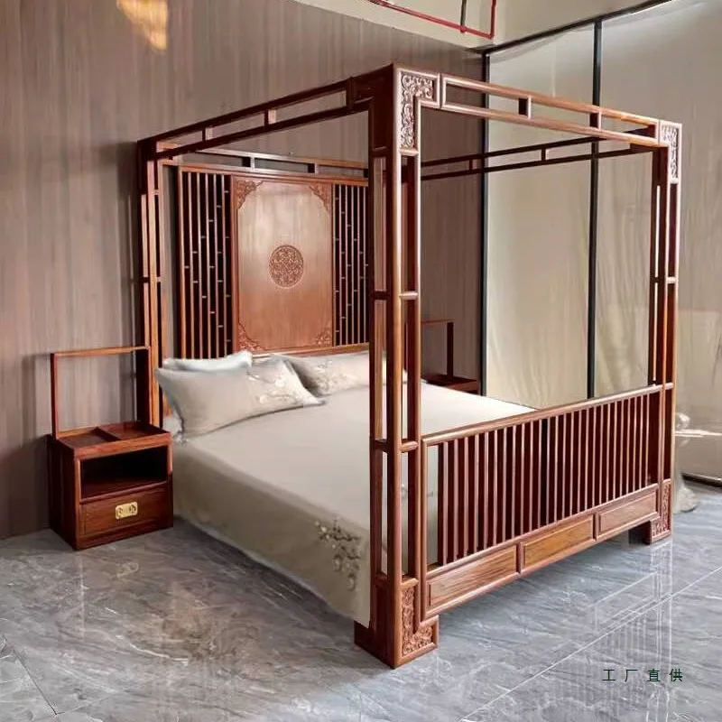 New Chinese-style solid wood shelf bed villa simple master bedroom antique classic step bed step four-poster bed