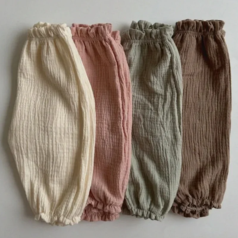 

Новые летние шаровары с цветочным принтом для мальчиков и девочек, детские штаны из органического хлопка, детские свободные повседневные штаны, корейская версия, штаны с защитой от комаров