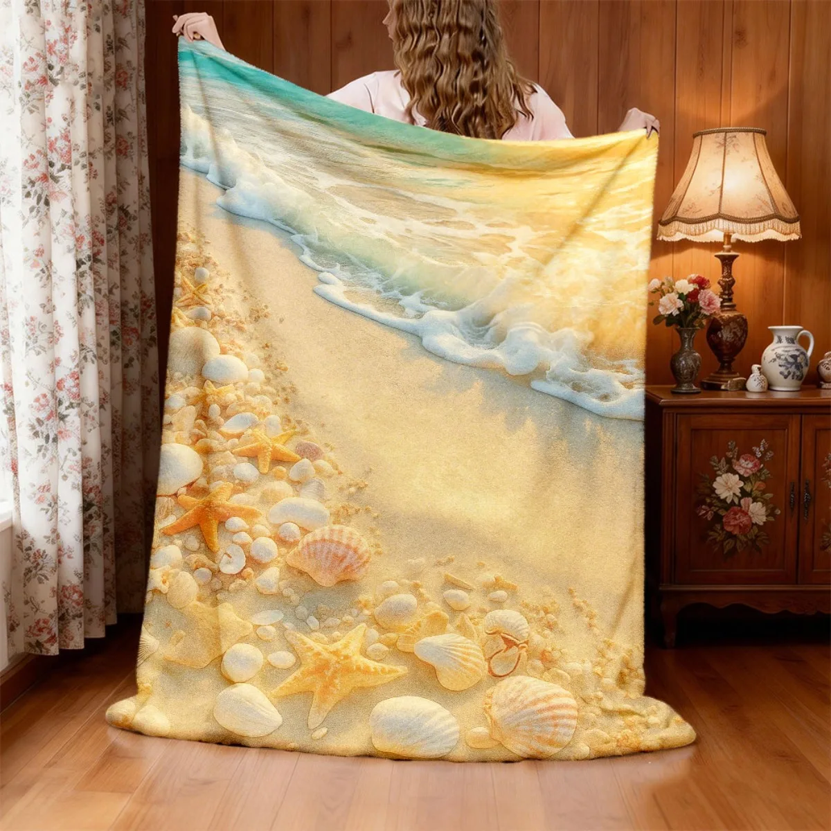 1pc French Style Ocean Beach Flannel Blanket Suitable for All- Ultra Soft Warm Bedspread with Soundwave Technology & Starfish Wa
