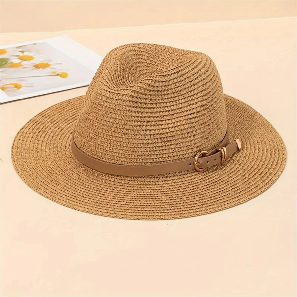 Simple Belt Decor Panama Hats Solid Color Straw Hat Classic British StyleJazz    Hat  Travel Beach Hats For Women Girls