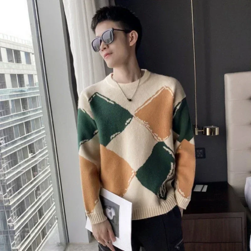 Knitted Sweaters for Men Crewneck Pullovers Man Clothes Plaid Argyle Round Collar Black Overfit X Neck High Quality Replica Mode