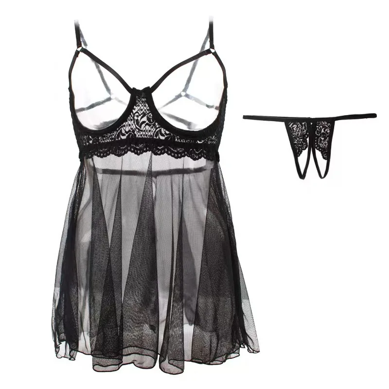 

Plus Size Women Sexy Open Cup Exposed Chest Lingerie Dress See-through Mesh Lace Trim Babydolls Chemises with G-string Sleepwear