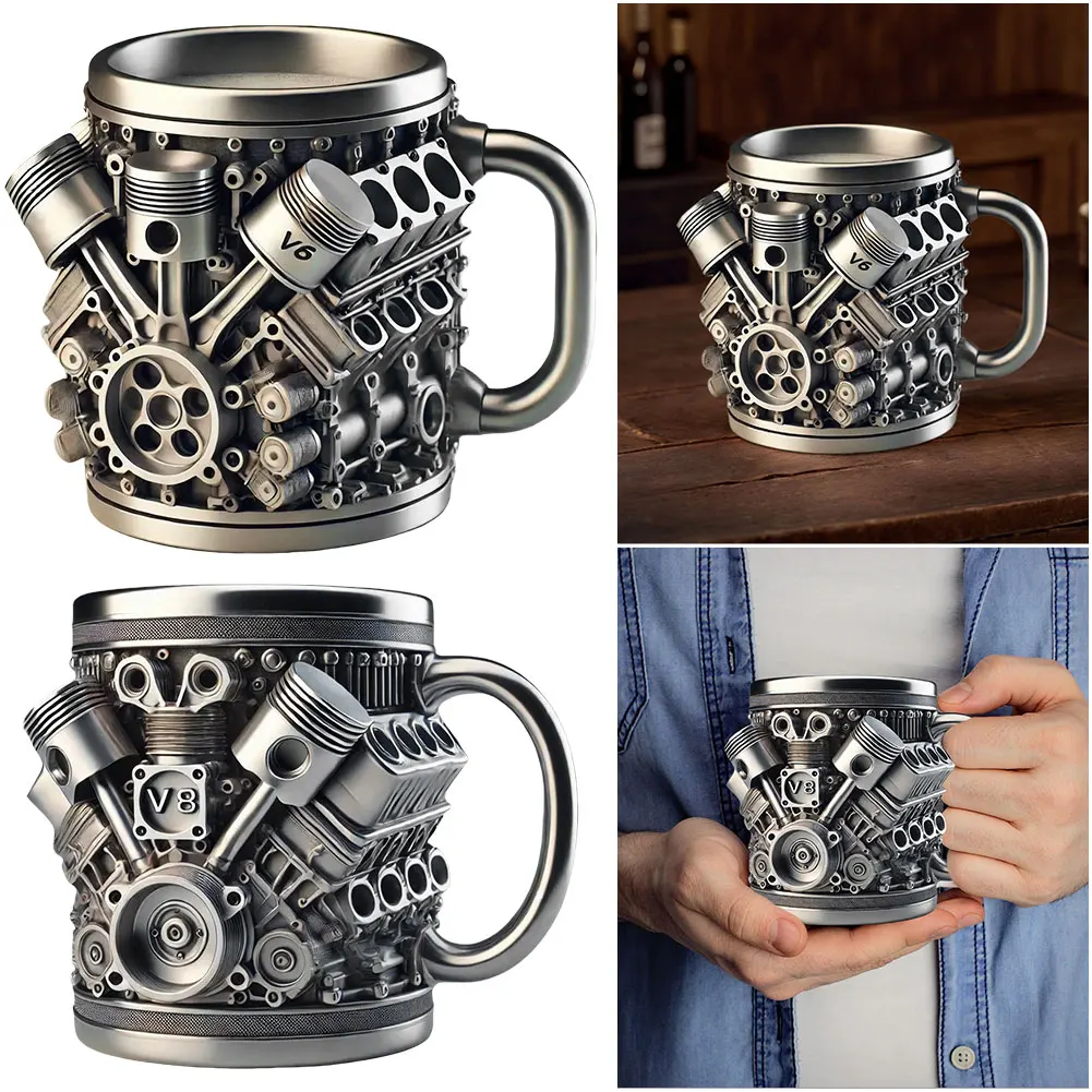 

3D Engines Design Coffee Mug V6 V8 Car Engines Stainless Steel Cup Unique Beer Cocktail Mug Drinking Accessories for Home Office