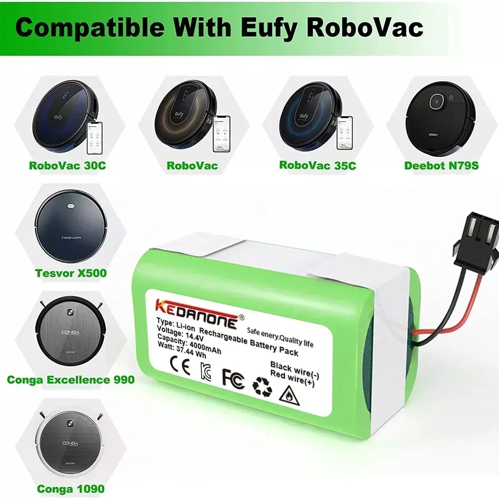 Bateria de íon-lítio 14.4v 4.0ah para cocotec conga excelência 950 990 1090 ecovacs deebot dn621 601/605 eufy robovac 35c panda i7 v710