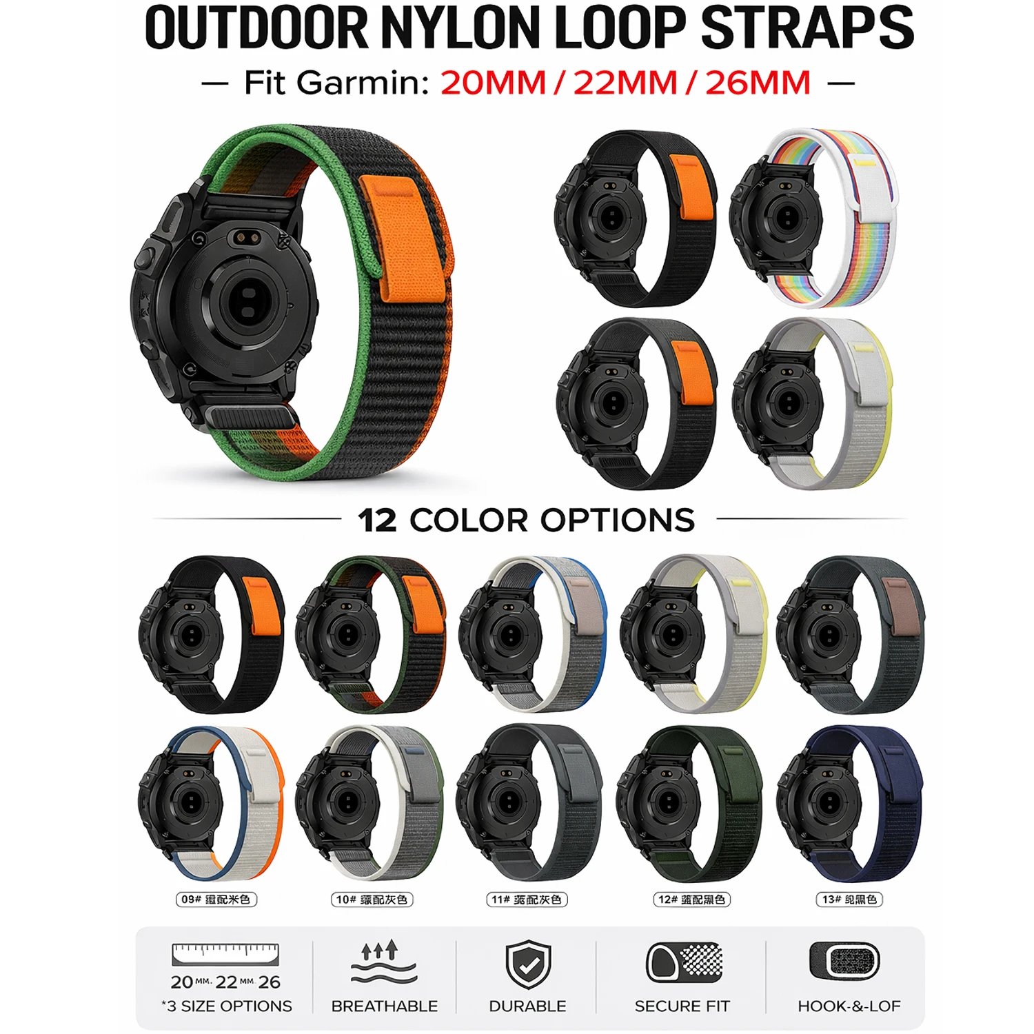 20/22/26mm Strap Band Comfortable Trail Nylon Strap for Huawei Watch 5 GT6 Pro 46mm, Garmin Forerunner 965/955/970/55 & Venu 3