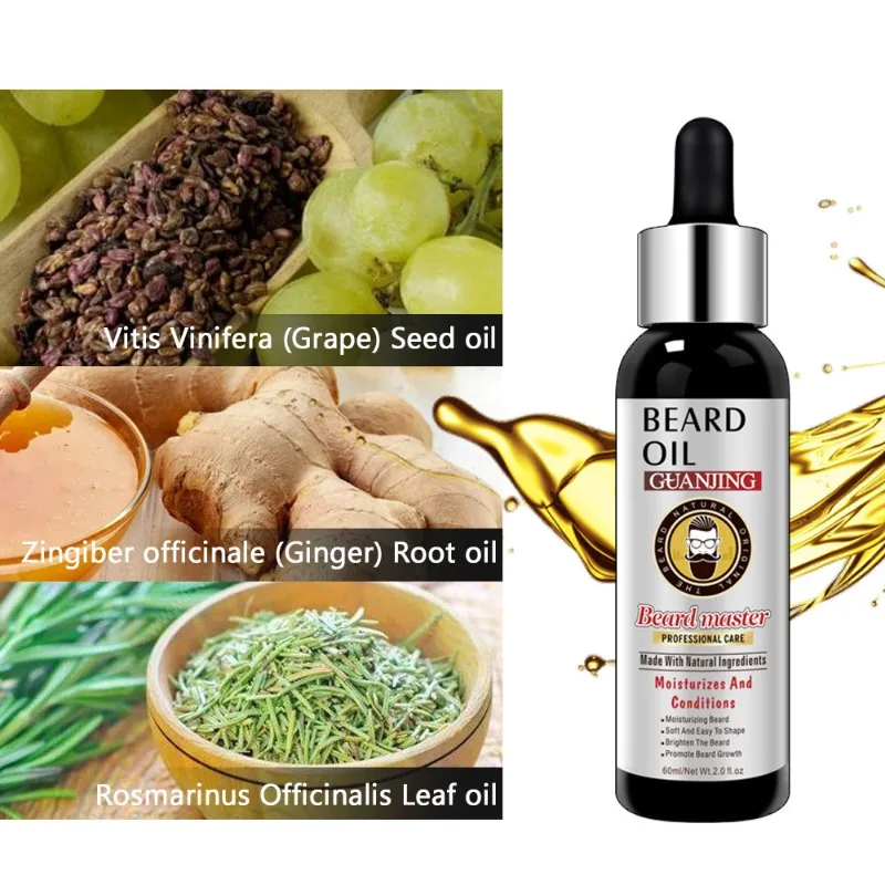 Óleo essencial de crescimento natural da barba, 60ml, para homens, produtos de aliciamento de barba, cuidados com a pele, engrossar, macio, suave, nutrir a barba