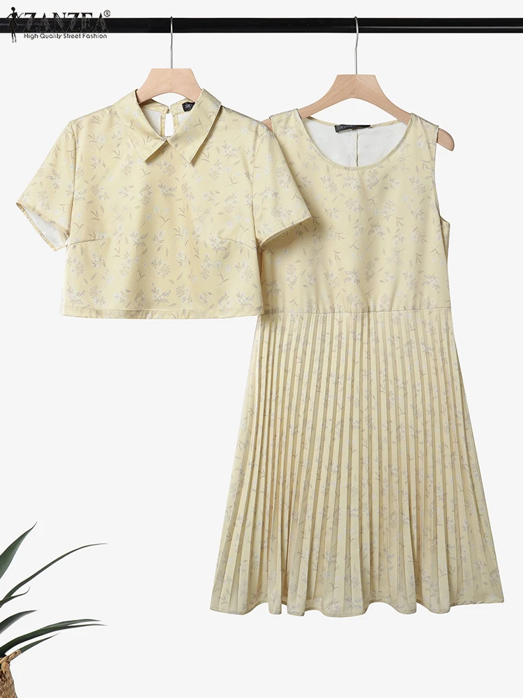 

2025 Summer Floral Print Dress Sets ZANZEA Women 2pcs Short Sleeve Tops and Sleeveless Sundress Bohemian Beach Holiday Outfits