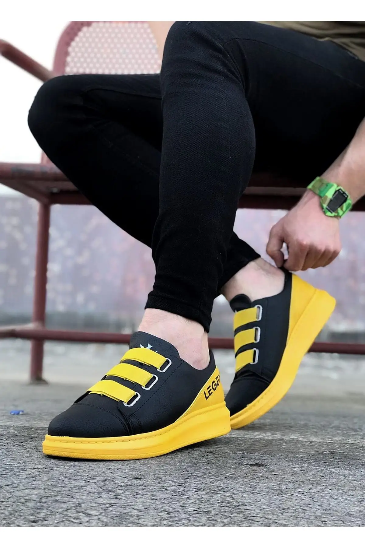 Wagon Men\'s Sneakers Sport Shoes Black Yellow Lace Up Closure Faux Leather Spring and Autumn Seasons Comfortable Slip On In 2022 Fashion Wedding