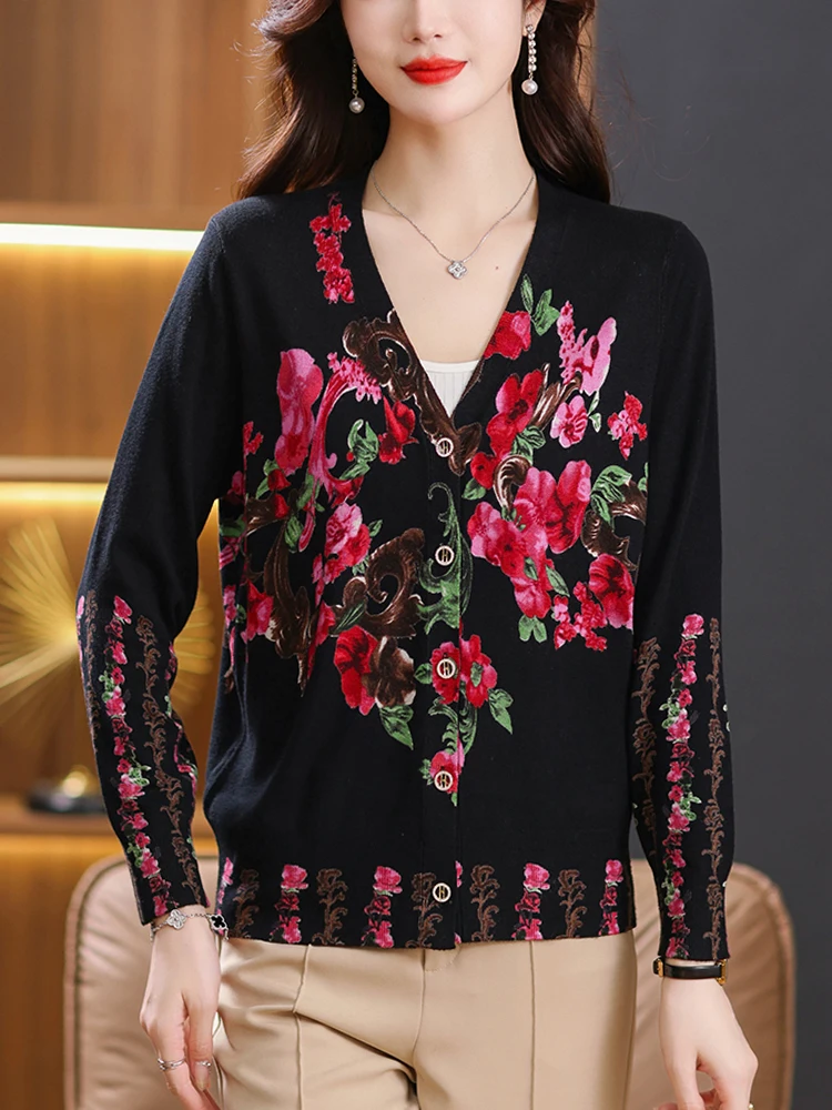 Suéter cardigan estampado floral feminino, roupas da moda coreana, malha de alta qualidade, single-breasted, outono