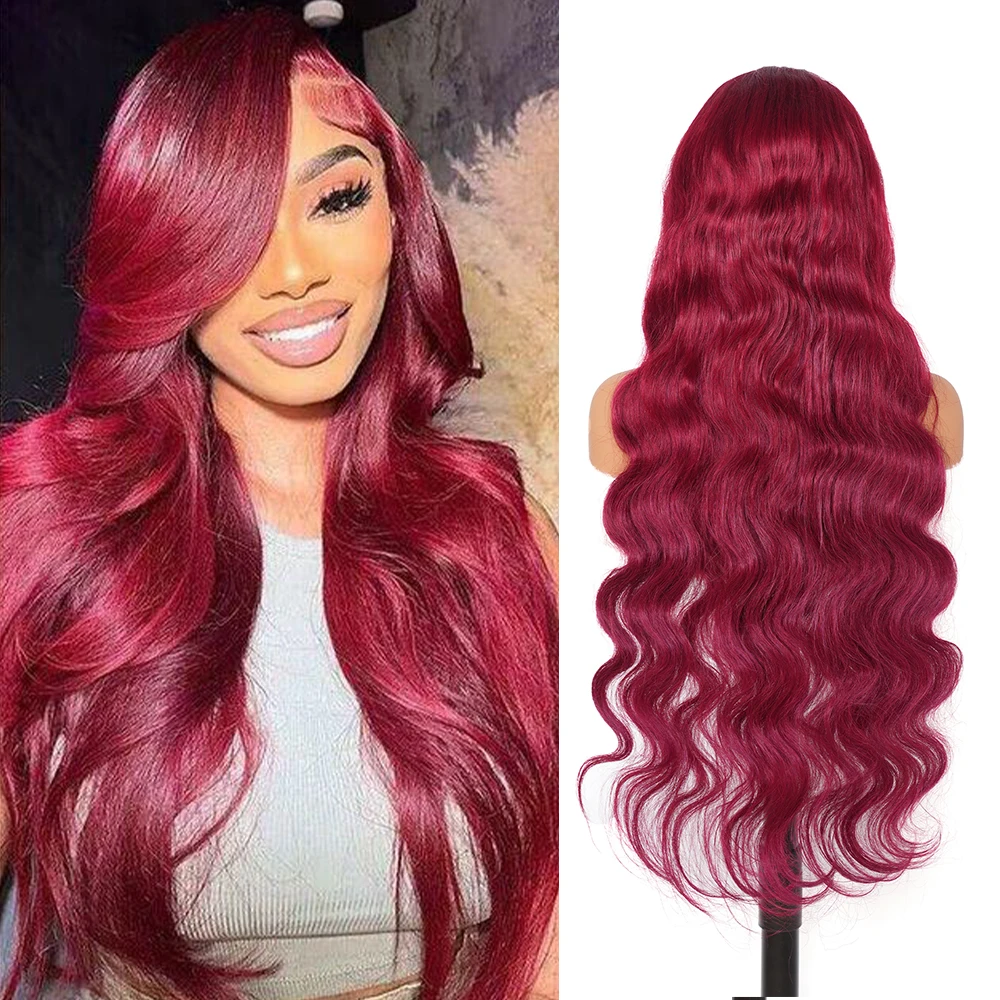 

Винно-красные парики из натуральных волос 99J Burgundy Body Wave 13x4 с кружевной передней частью, предварительно прорезанные, 180% плотности, для женщин, цветные парики Remy.