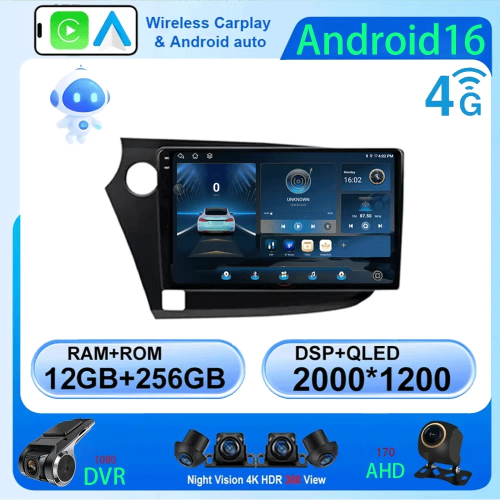 LJZN Android 16 Navigation GPS Radio Bluetooth Touch Screen Audio For Honda Insight 2 2009 - 2014 Carplay Auto Multimedia Player
