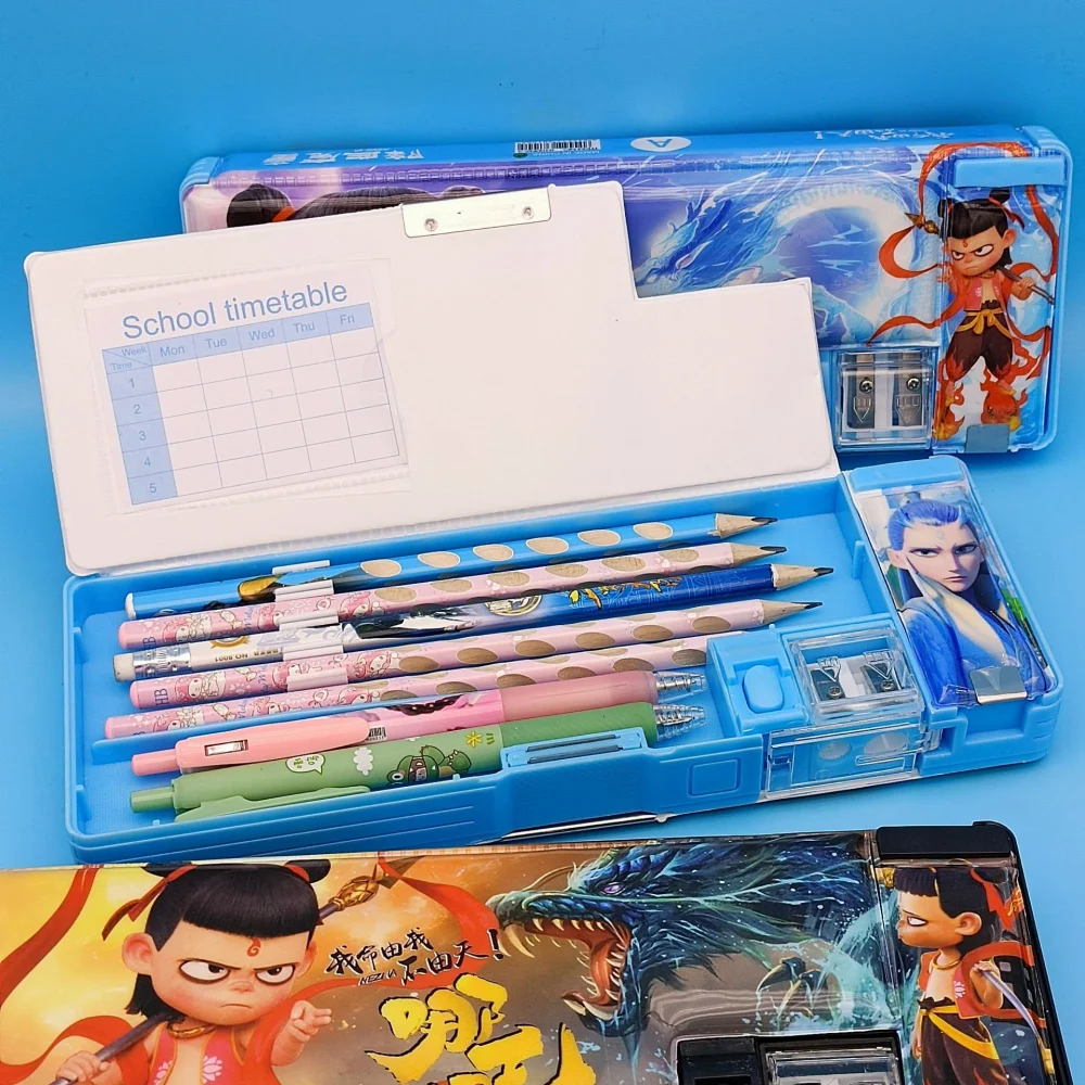 Nezha Stationery Box,Multi-functional Children's Pencil Case, Double-layer Large-capacity Cartoon Student Stationery Storage Box