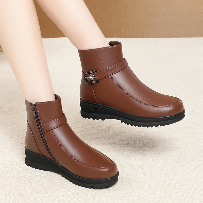 Fashion Winter Women Elegant Comfort Soft Sole Leather Ankle Boots Thick Plush Warm Snow Mother Waterproof Non-slip Boots