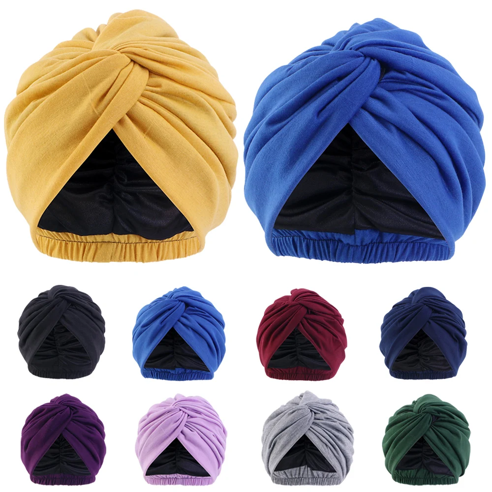 

New Women Stretch Solid Ruffle Turban Hat Scarf Knotted Chemo Beanie Caps Muslim Hijab Headwrap for Cancer Hair Loss Accessories