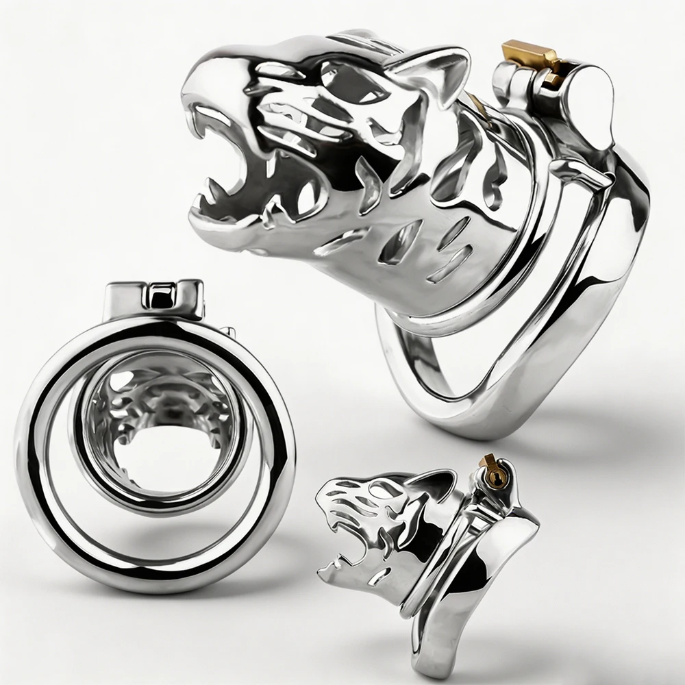 Jaula de castidad metálica LEZEE con cabeza de tigre, dispositivo de bloqueo uretral, anillos de bloqueo para pene, anillo hueco para pene, juguetes sexuales para hombres