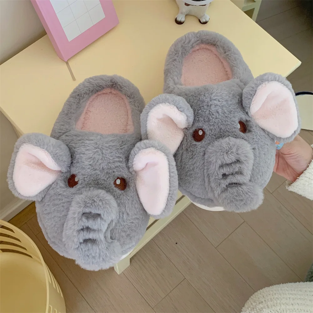 Winter cartoon elephant fluffy slippers cute plush dolls home bedroom slippers warm wrap ankle cotton shoes indoor women's shoes