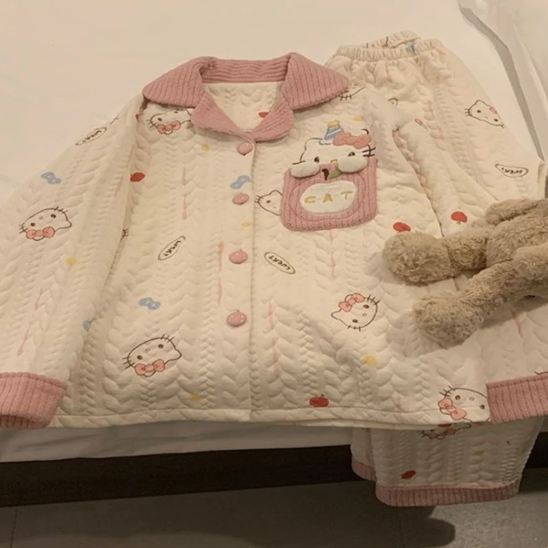 

Ins костюм пижамы Sweet Kitty комплект брюк с длинными рукавами милая ночная рубашка теплая домашняя одежда с героями мультфильмов мягкая женская зимняя повседневная одежда для девочек