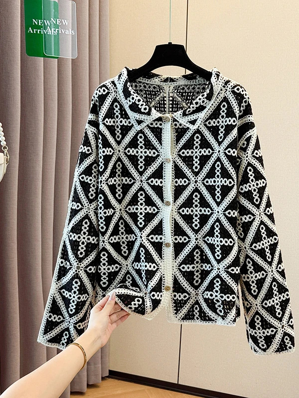 

Women's Large Size Knitted irt Hollow Floral Design Vintage Sle Long Sve Mid-Length Open Cardigan Geometric Pattern