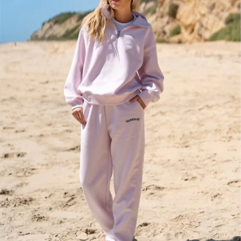 

Повседневный однотонный спортивный костюм, женские свободные топы на молнии с лацканами, топы с длинными рукавами, прямые брюки с эластичной резинкой на талии, весенние женские спортивные костюмы