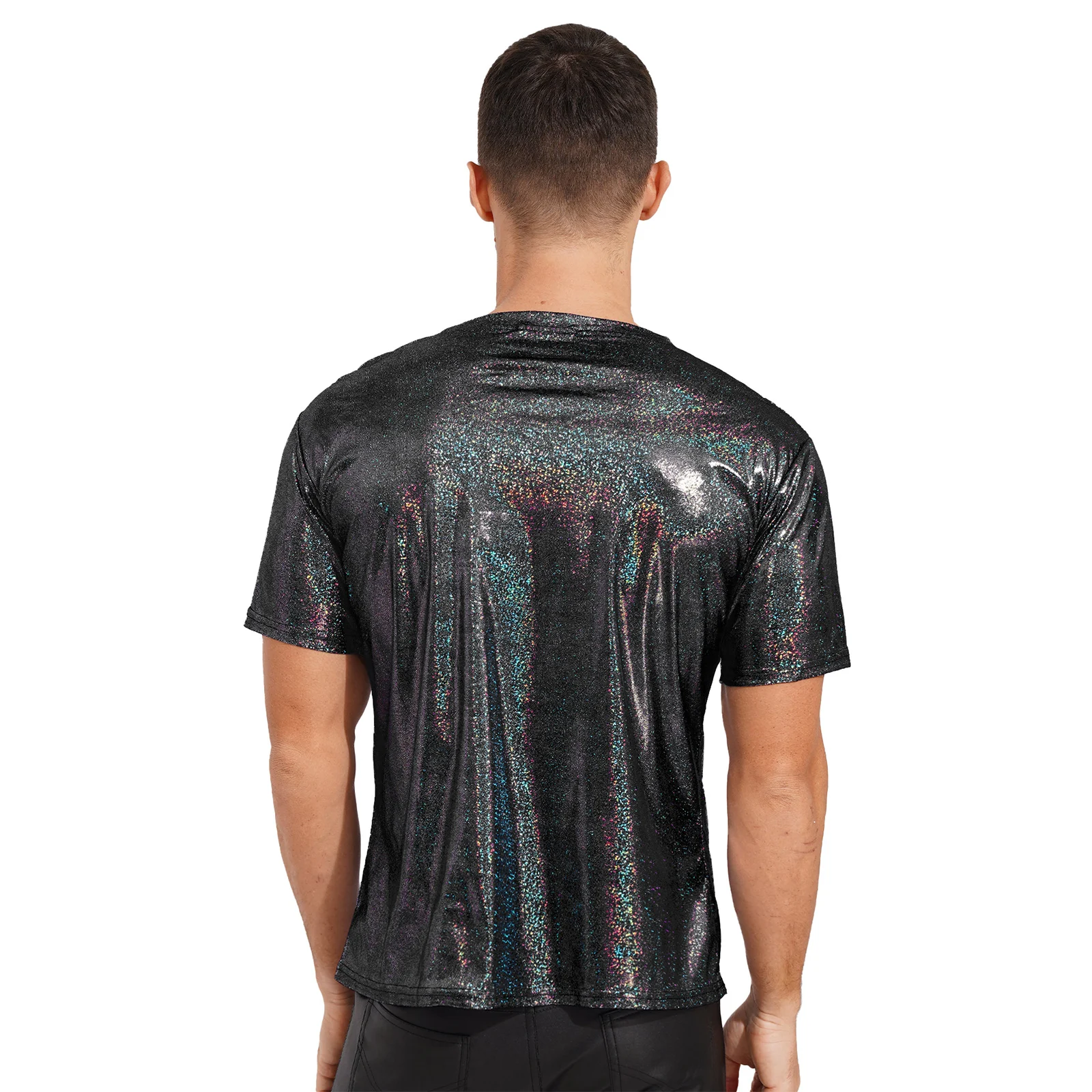 Mens Fashion Shiny Short Sleeve T-shirt Tops Casual Sparkling Round Neck Tees Tops Rave Festival Party Clubwear