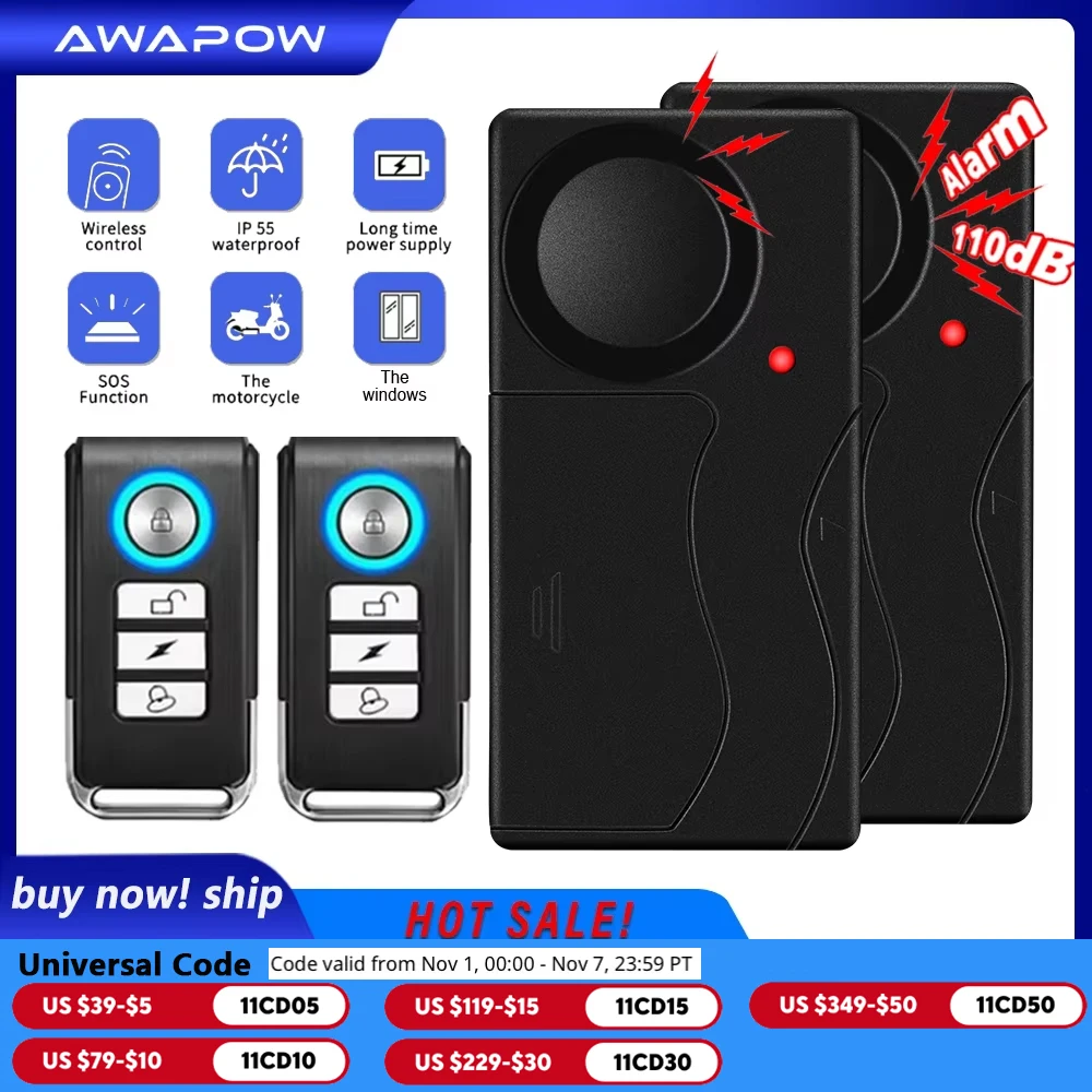 Awapow Wireless Vibration Bike Alarm With Remote Control Anti-Theft Alarm 110dB Loud Bike Door Window Alarm Home Safety System