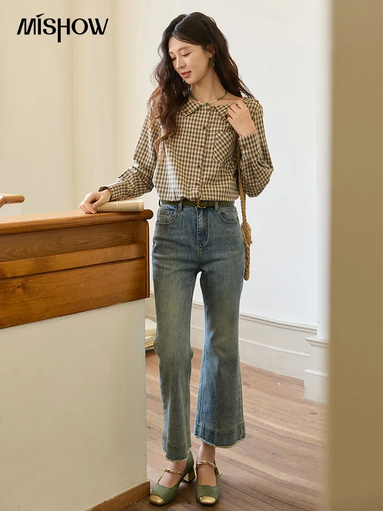 MISHOW المرأة قمصان عادية القطن الخريف الجانب الشق جيوب قمصان مربعة النقش تخفيف أنيقة شيك امرأة مع حزام MXE44X2469