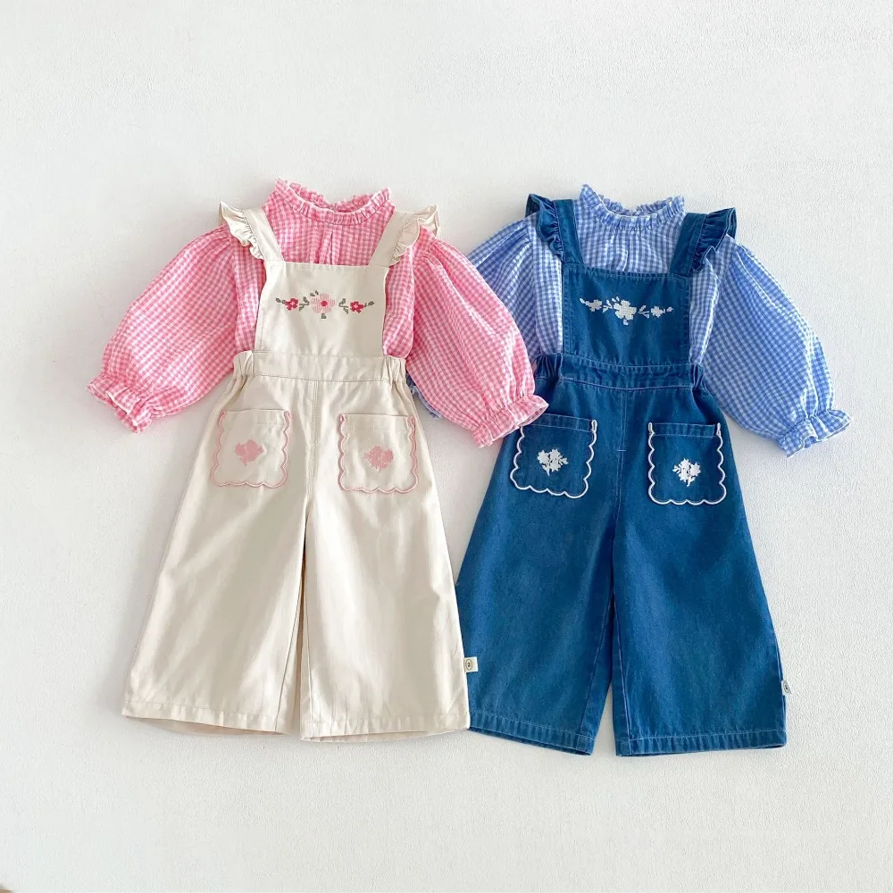 1-6Years Children Girl Clothes 2026 Autumn Toddler Kids Long Sleeve Plaid Blouse Loose Tops Embroidery‌ Flower Jumpsuit Outfits