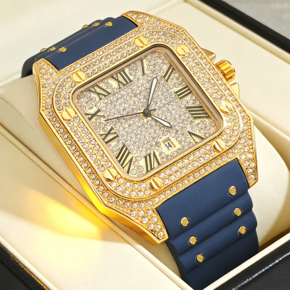 Modische Quadratische Voll-Diamant Quarzuhr für Herren Gummiarmband Hip-Hop Iced Out Bling Schmuck Armbanduhr Herrenuhr Dropshipping