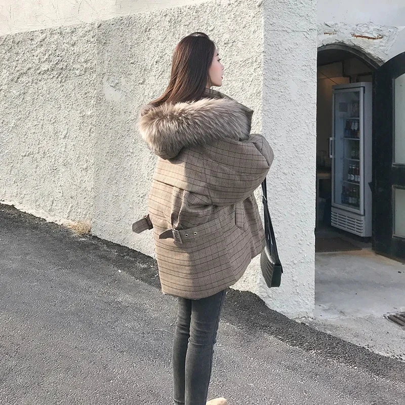 Manteau Parka à Carreaux avec Grand Col en Fourrure pour Femme, Vêtements Décontractés Rembourrés en Coton, Taille Plus 600, 2023