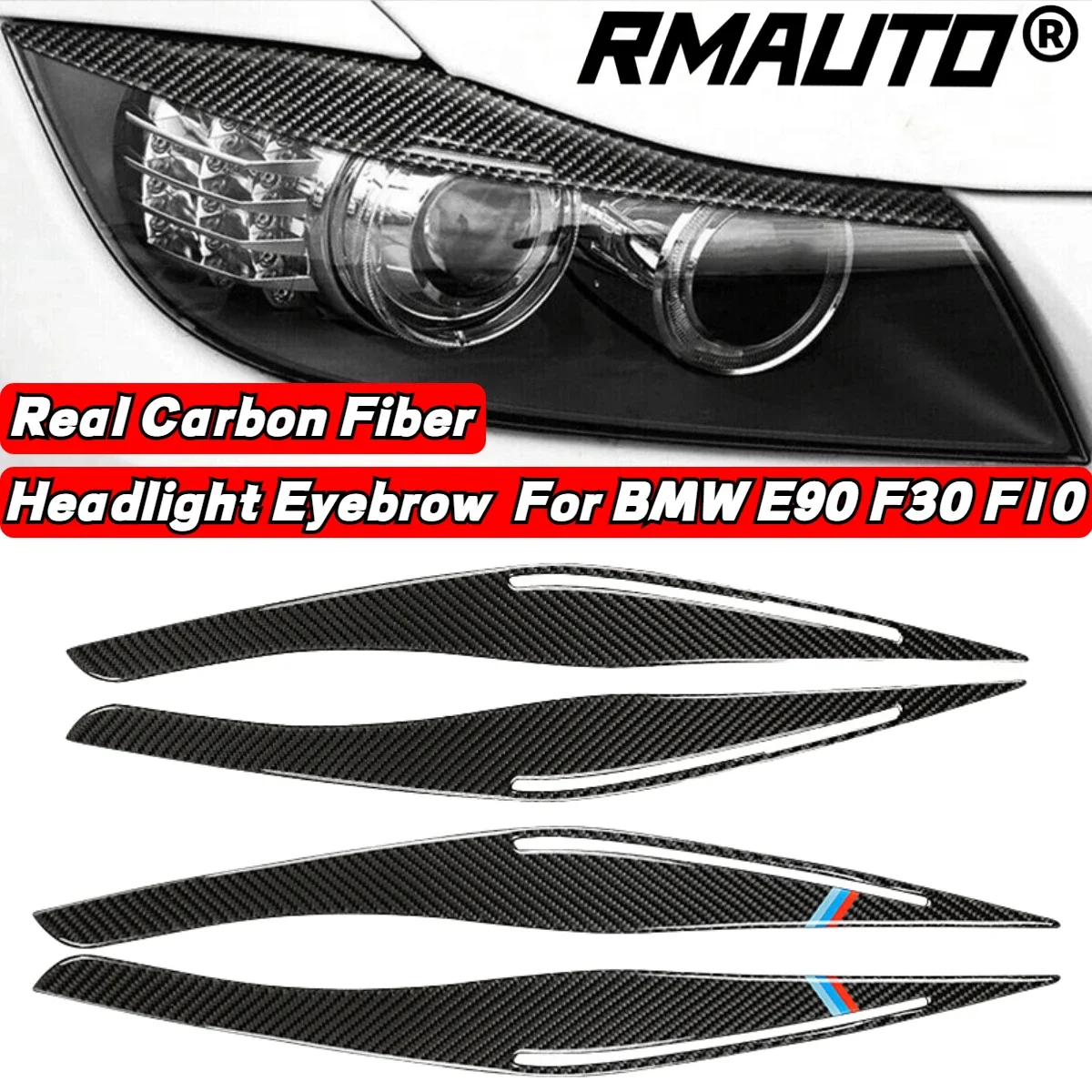 RMAUTO 2Pcs Real Carbon Fiber Headlight Eyebrows Eyelid Trim Cover Stickers Body Kit For BMW E90 F30 F10 Car Accessories