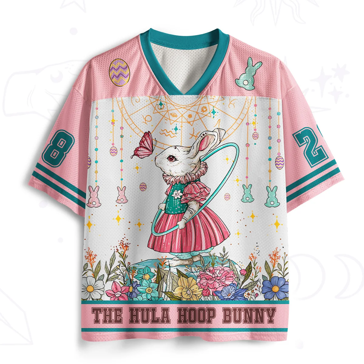 Alice's Märchenhafte Hula Hoop Rabbit Rugby 3D-gedruckte Jersey-Blumen-Stern-Ei-Kurzarmshirts für Kinder und Damen aus Mesh