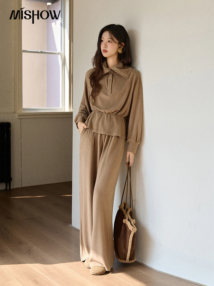 MISHOW Two-piece Women's Tracksuits 2025 Winter Brown Retro Suit Brushed Fleece Reversible Neck Top Wide-leg Pants MXE90T1434