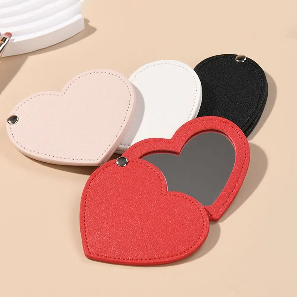 1Pcs PU Leather Heart Compact Mirror Cute Heart-shapedMini Makeup Mirror Rotating Ultra-thin Unbreakable Cosmetic Mirror