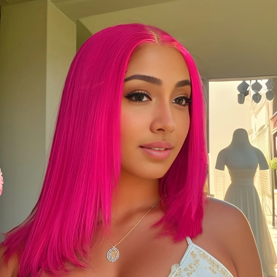 

13X4 Lace Front Wigs Rose Pink Short Straight Colored Bob Human Hair Wigs Brazilian Transparent Lace Pre Plucked Colored Wig