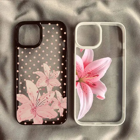 Pink Lily Flower Polka Dot Clear Phone Case for iPhone 17 16 Pro Max 15 Plus 14 Pro 13 12 11 16E Air X XR XS 8 Plus SE2022 Cover