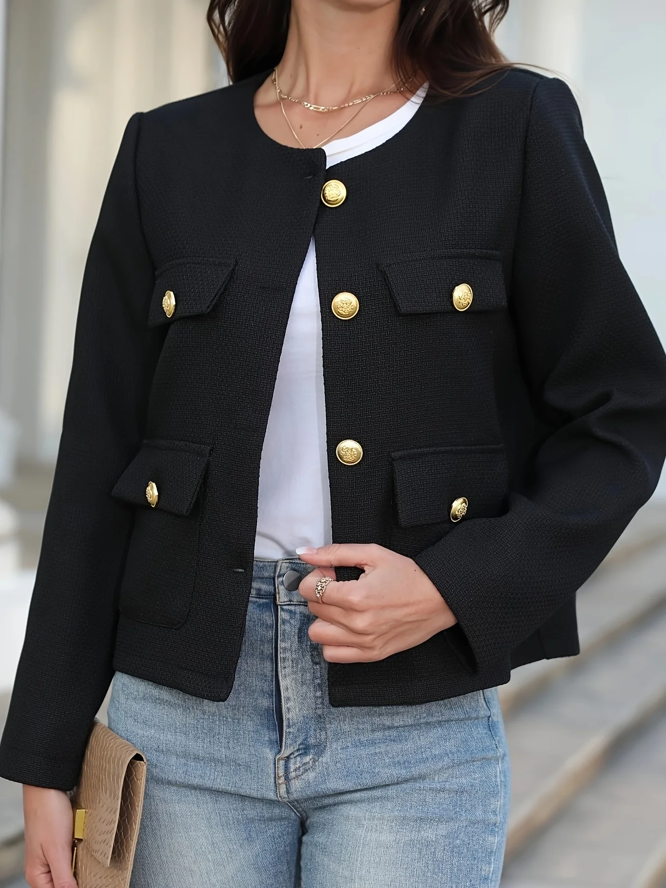 

Round Neck Buttoned Solid Color Casual Women's Blazer with Pockets for Fall and Winter