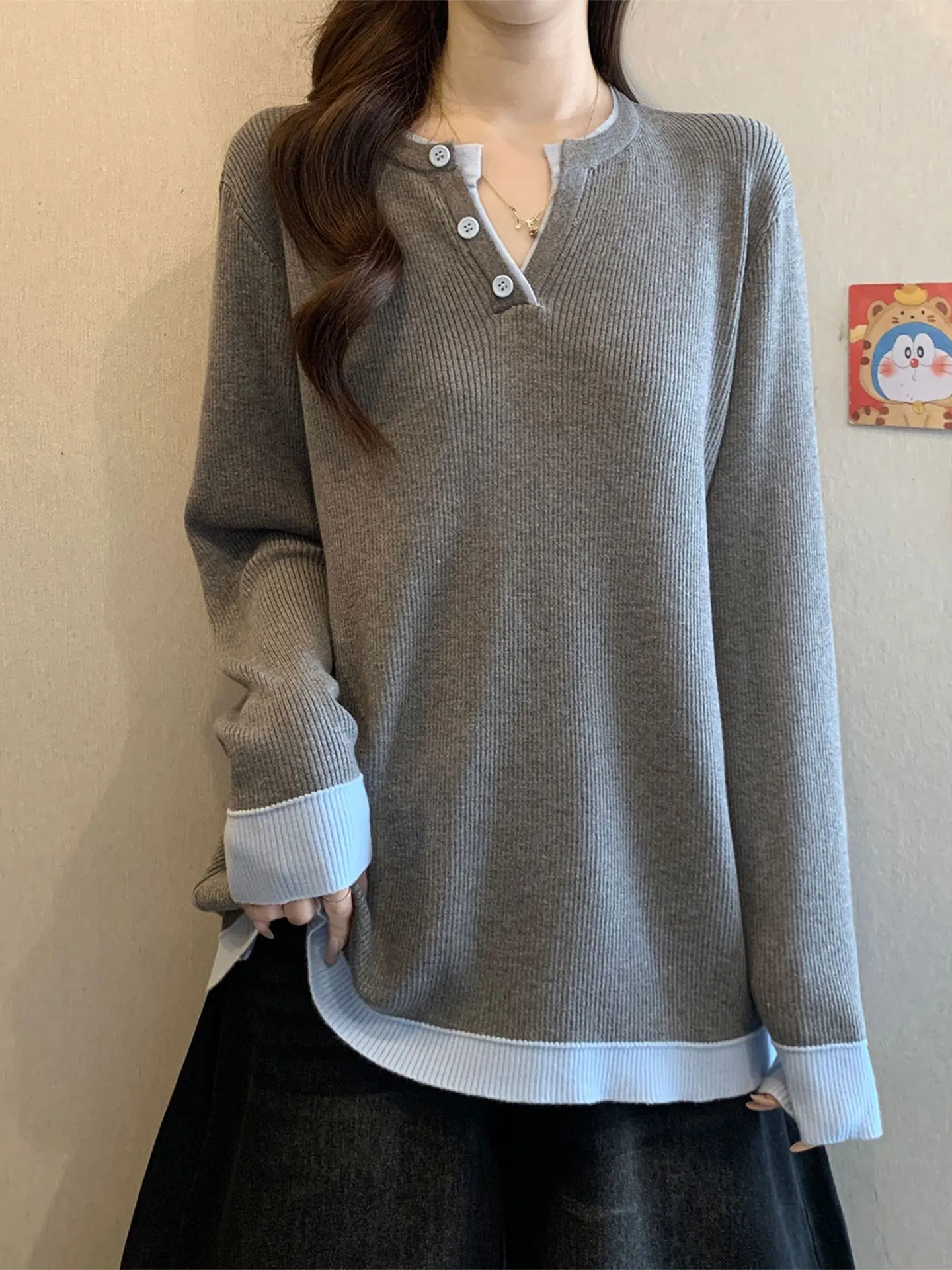 

Loose V-Ne Long Sve ey Knitted Sweater Women's Casual Sle Spring Loose Fit plus Size Cover Belly Base irt Top