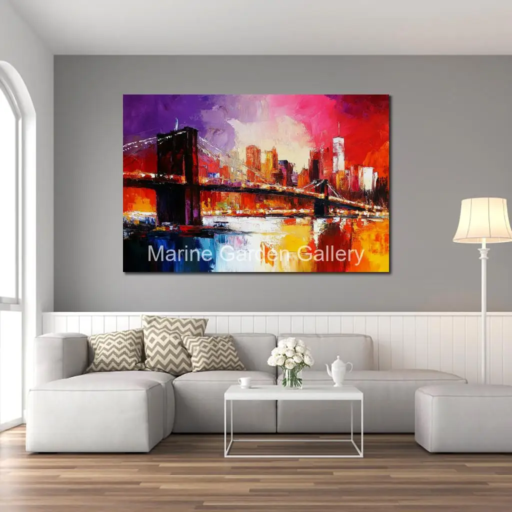 Brooklyn Bridge Canvas Wall Art Oil Painting Abstract Handmade Skyline Landscape Textured Artwork Hotel Office Modern Decor