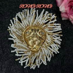 European and American Fashion Trend Retro Elegant Pearl Majestic Lion Heavy Industry Light Luxury High-end Brooch Earring Set