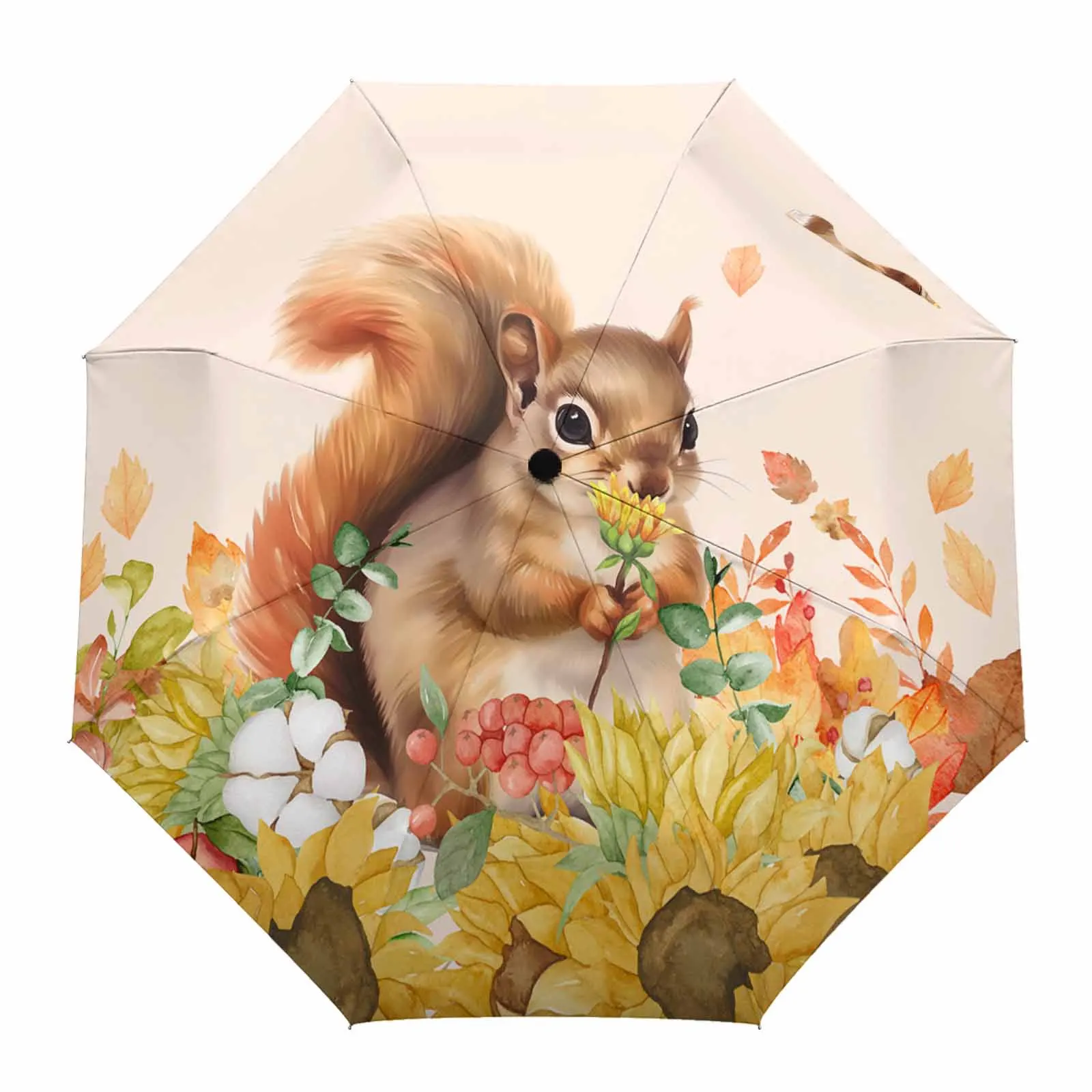 Autumn Thanksgiving Leaves Squirrel Sunflower Outdoor Fully-automatic Folding Eight Strands Umbrellas for Kids Printed Umbrella