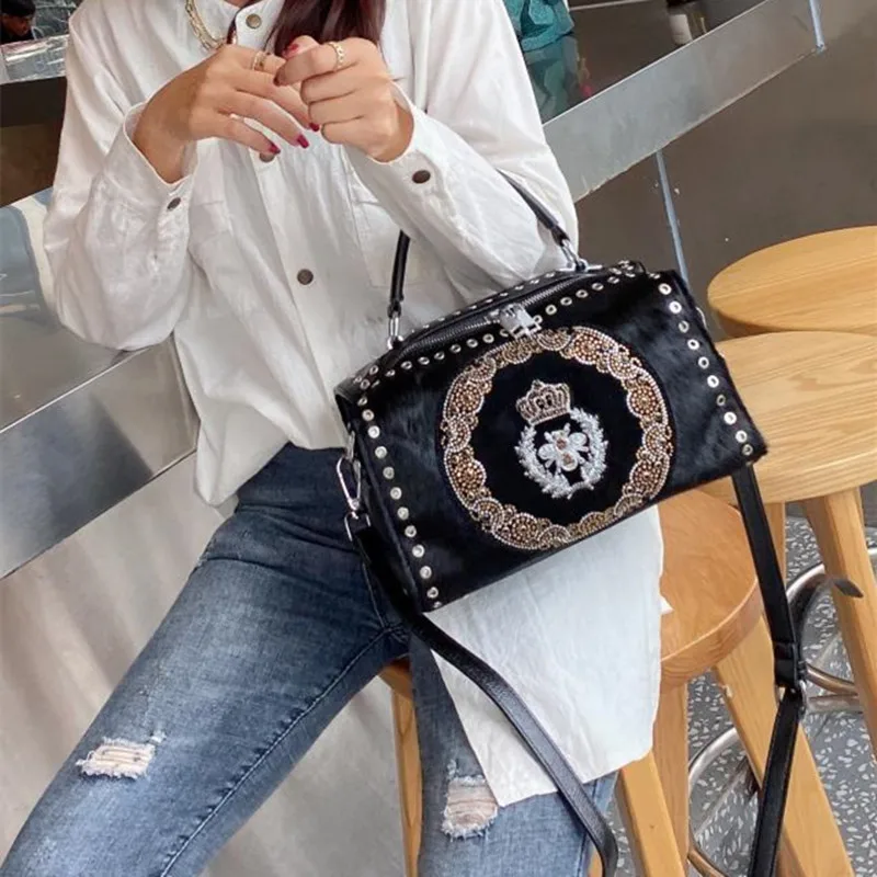 Female Real Horse Hair Shiny Evil Eyes Rhinestone Boston Side Bag Fashion Stylish Vegan Leather Big Capacity Short Handle Bag