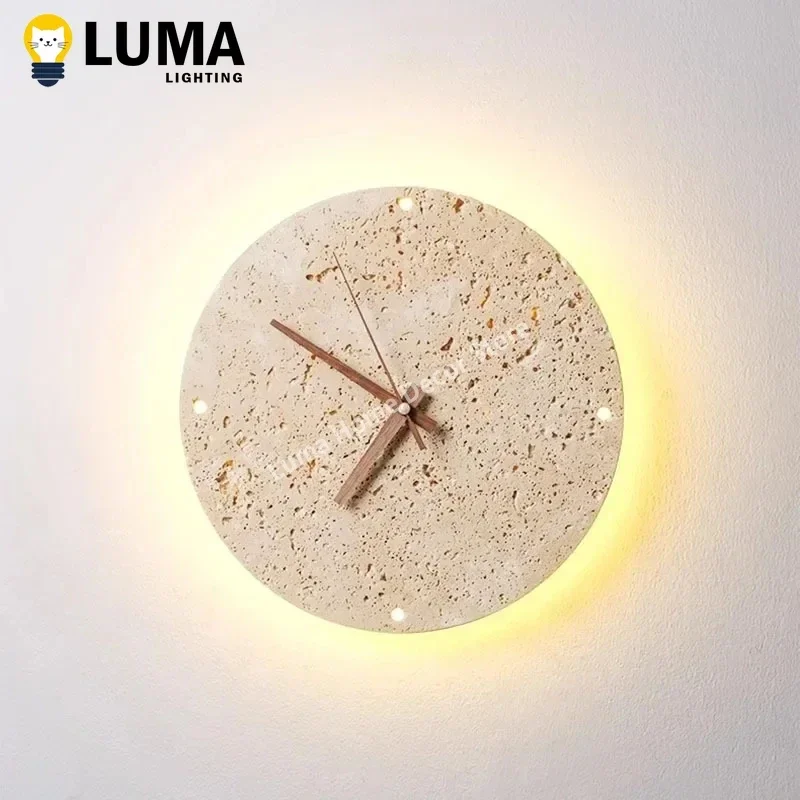 

Luma Wabi-Sabi Yellow Travertine Wall Light, Round Shape Natural Stone Clock for Interior Living Room Bedroom Home-Application
