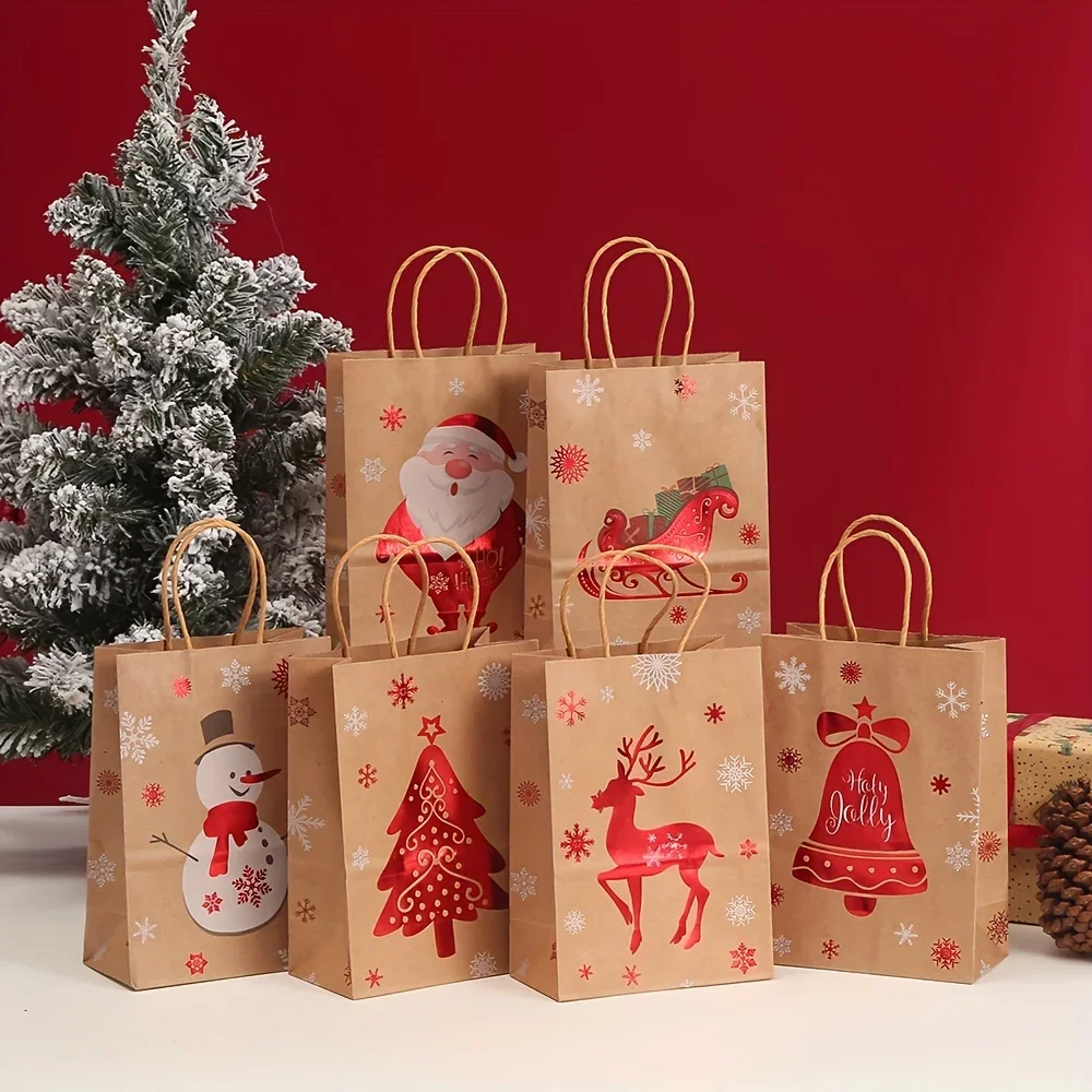 

24pcs Christmas Kraft Gift Bags with Handles Holiday Pattern Paper Tote Bag for Party Favors Presents Reindeer Tree Designs