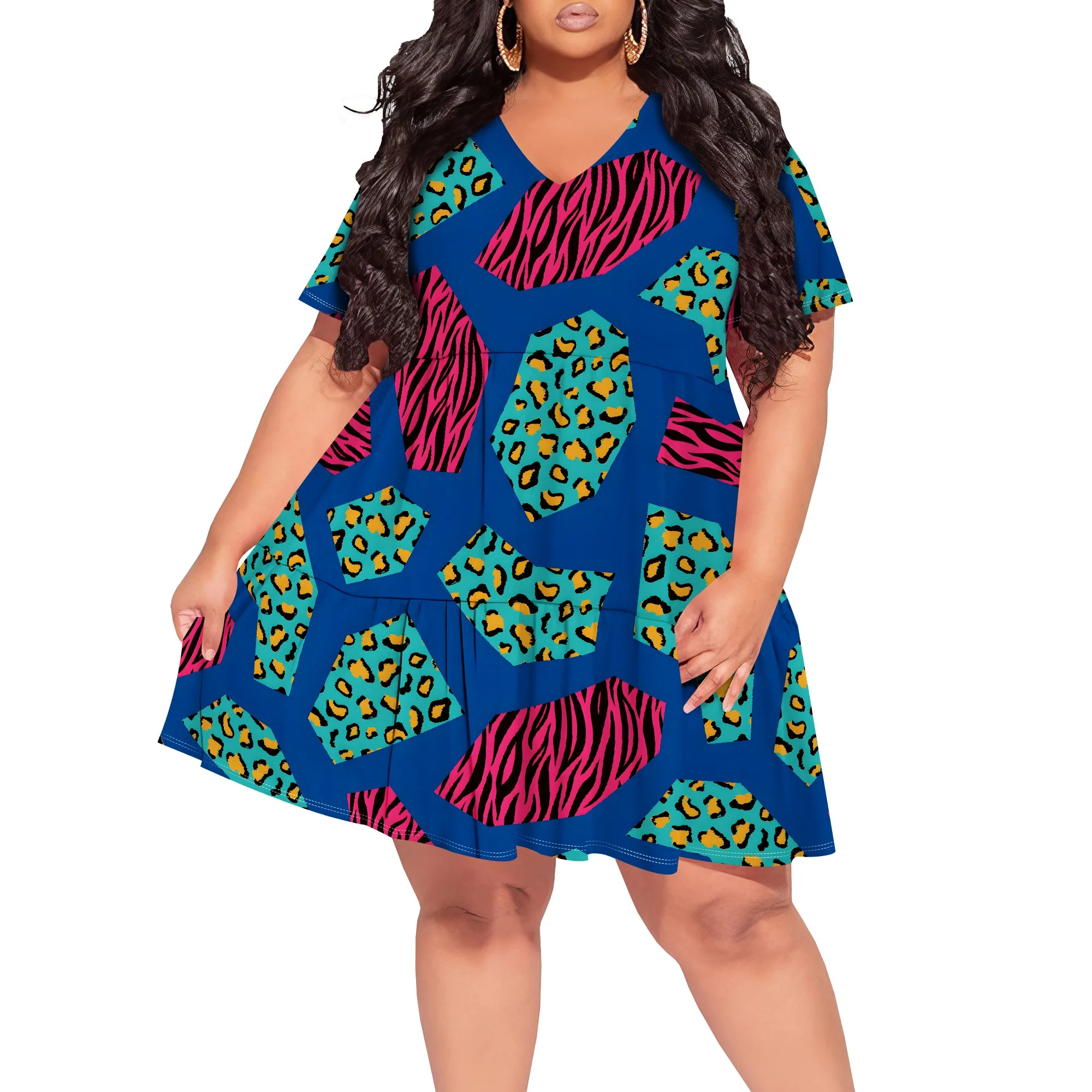 Women's Pullover Sexy V Neck Short Sleeve  Loose Dress for Women Fashion Printed Summer  Casual Mini Dresses