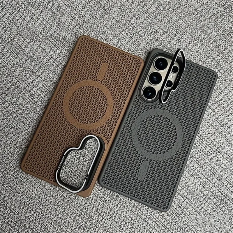 Luxury Breathable Mesh Holder Case For Samsung Galaxy S25 S24 Ultra S25 Plus Magnetic For Magsafe Stand Cooling Shockproof Cover