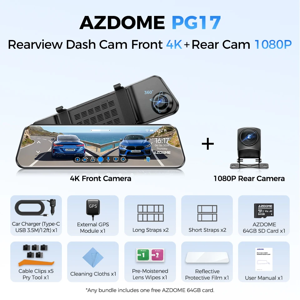 AZDOME PG17 12インチ WiFi ミラーダッシュカム 4K フロントおよび