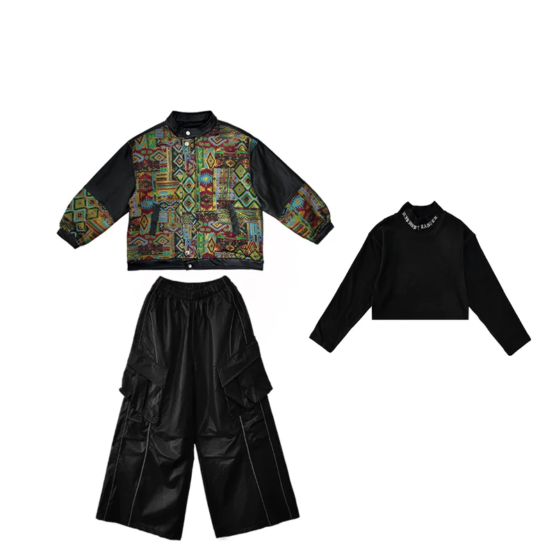 冬子供社交ダンススーツパターンコート革パンツ女の子のためのジャズダンス衣装男の子ヒップホップ服 XS10772