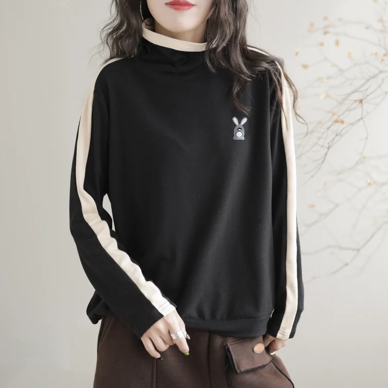 Spring Autumn Pullover Lantern Long Sleeve Cartoon Printing Women's Clothing Turtleneck Office Lady Commute All-match Tops