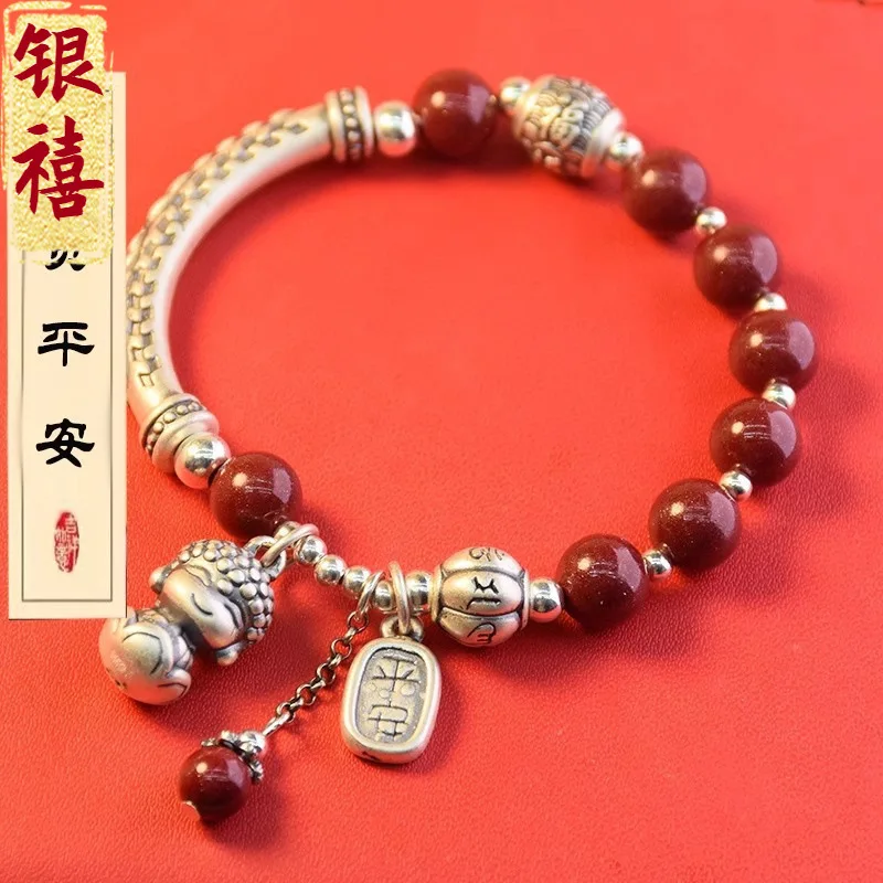 

2026 New 925 Sterling Silver Wheat Ear Little Buddha Bracelet for Men Women Minimalist Stylish Peace Joy Cinnabar Beaded Bracele